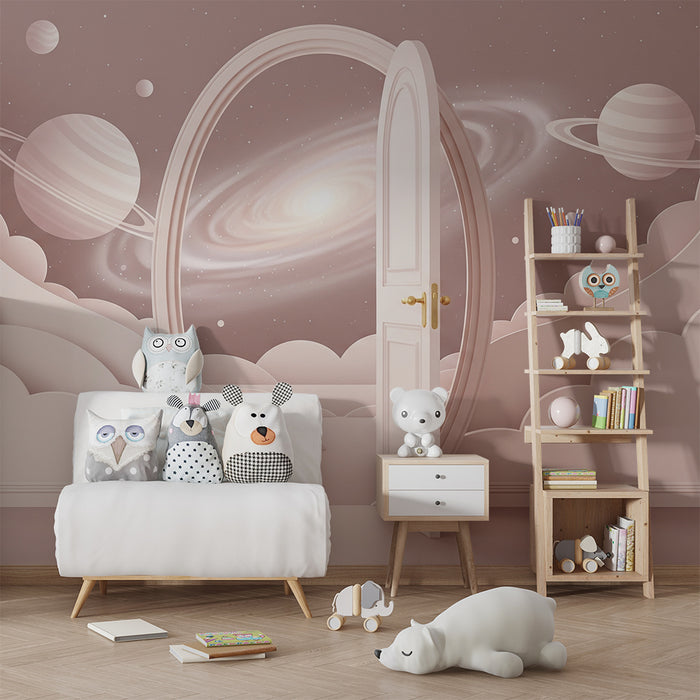 Papier peint chambre enfant | Univers spatial avec porte ouverte sur les galaxies