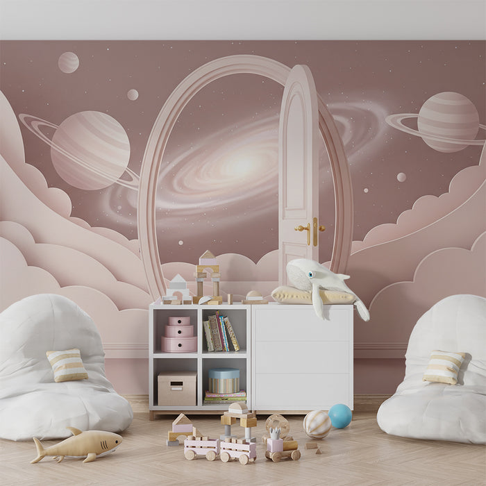 Papier peint chambre enfant | Univers spatial avec porte ouverte sur les galaxies