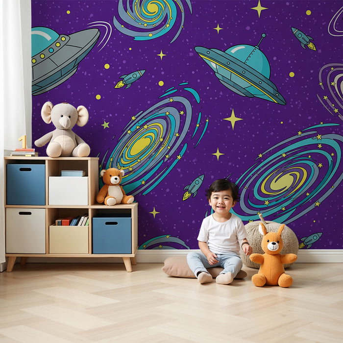 Detská izba tapeta | Vesmír s lodiami a farebnými galaxiami