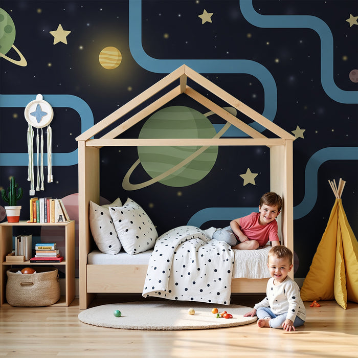 Papel pintado infantil | Universo espacial colorido con planetas y estrellas