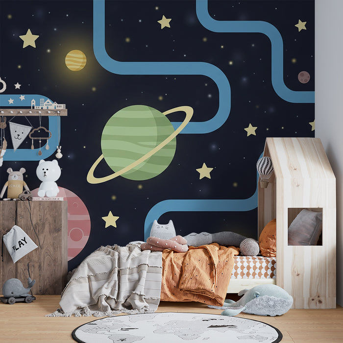 Papel pintado infantil | Universo espacial colorido con planetas y estrellas