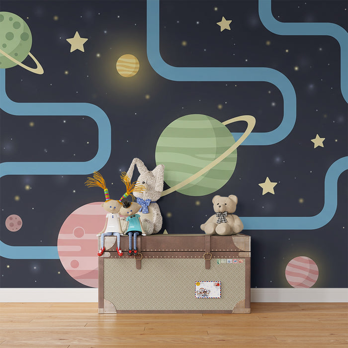 Papel pintado infantil | Universo espacial colorido con planetas y estrellas