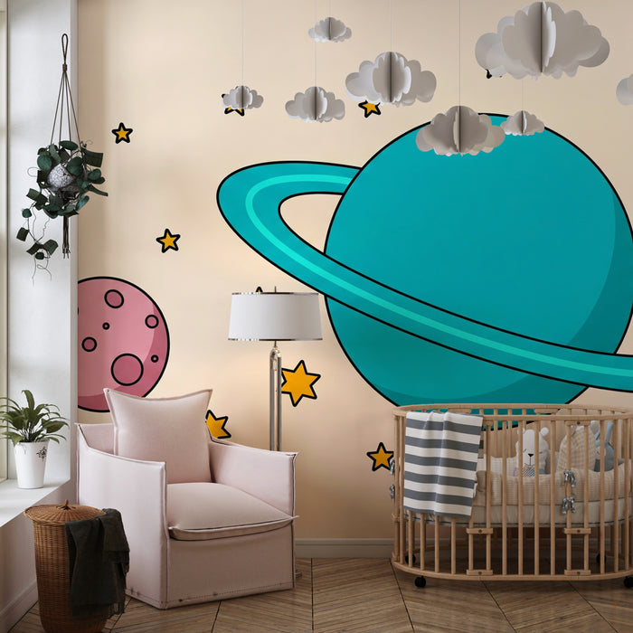 Papel pintado infantil | Universo espacial colorido sobre fondo beige