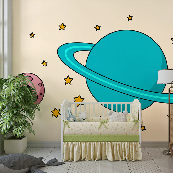 Papel pintado infantil | Universo espacial colorido sobre fondo beige