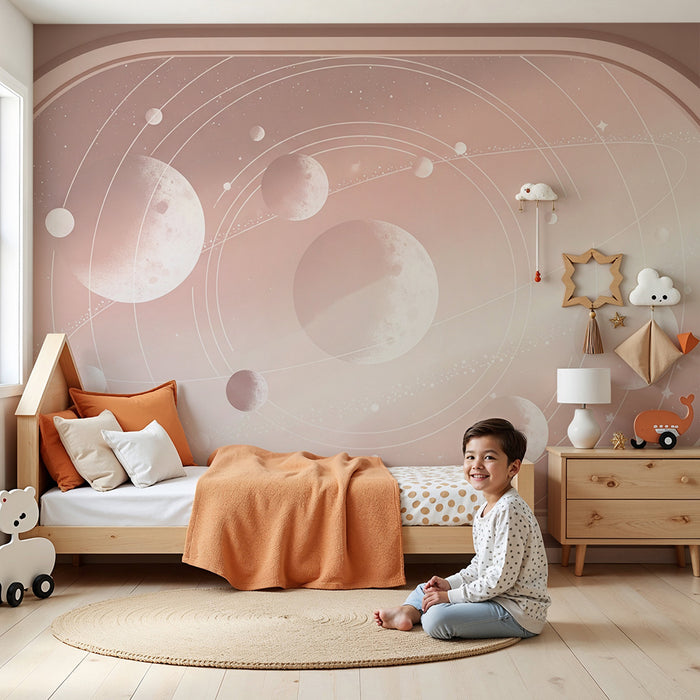 Papier peint chambre enfant | Univers spatial doux avec étoiles et planètes