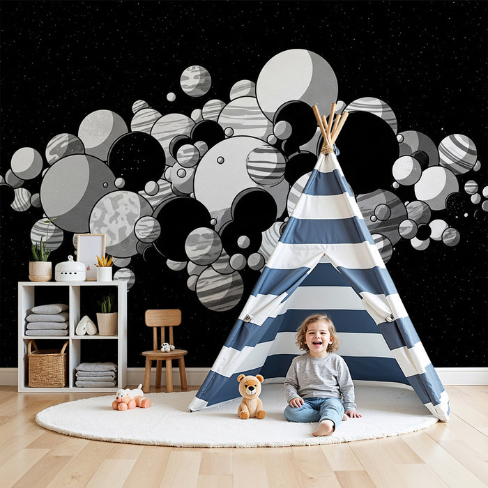 Kinderkamer behang | Zwarte en witte ruimte-universum met gestileerde planeten