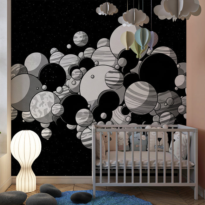 Kinderkamer behang | Zwarte en witte ruimte-universum met gestileerde planeten