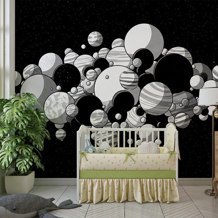 Kinderkamer behang | Zwarte en witte ruimte-universum met gestileerde planeten