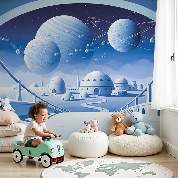 Papel de parede para quarto infantil | Universo espacial futurista com planetas e naves