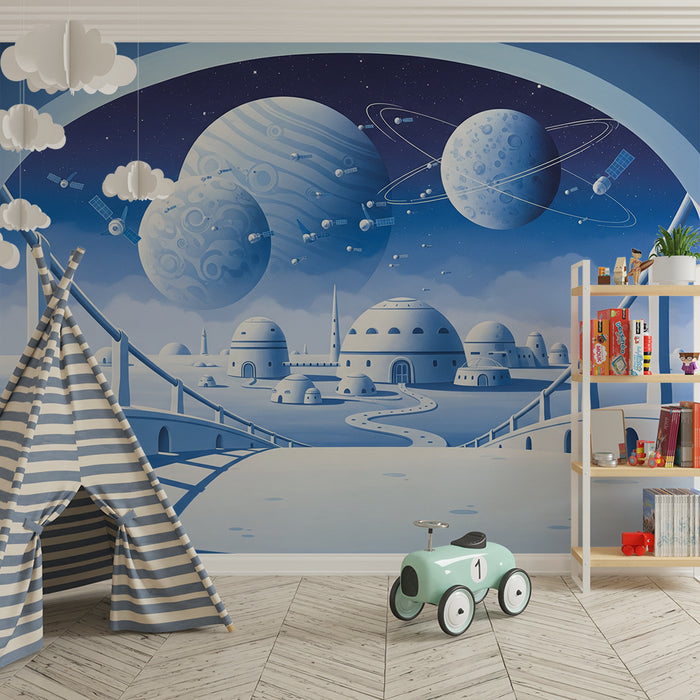 Papel de parede para quarto infantil | Universo espacial futurista com planetas e naves