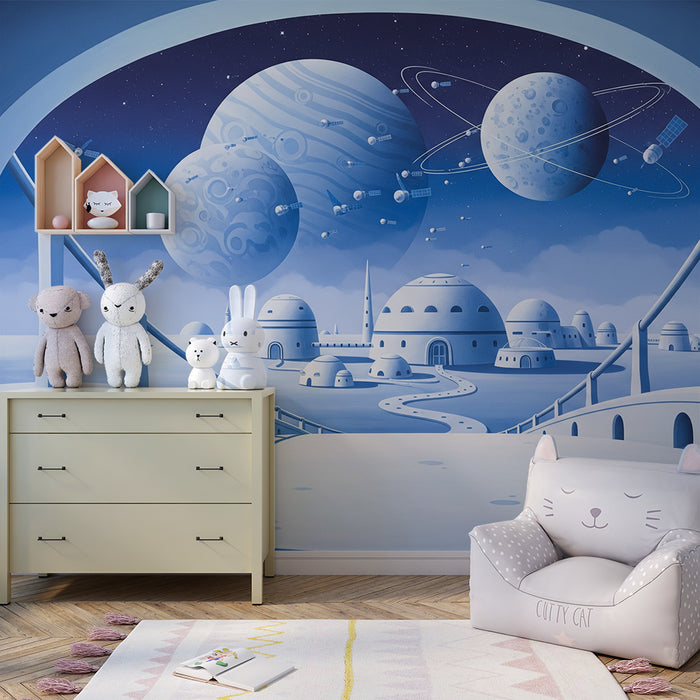 Papel de parede para quarto infantil | Universo espacial futurista com planetas e naves