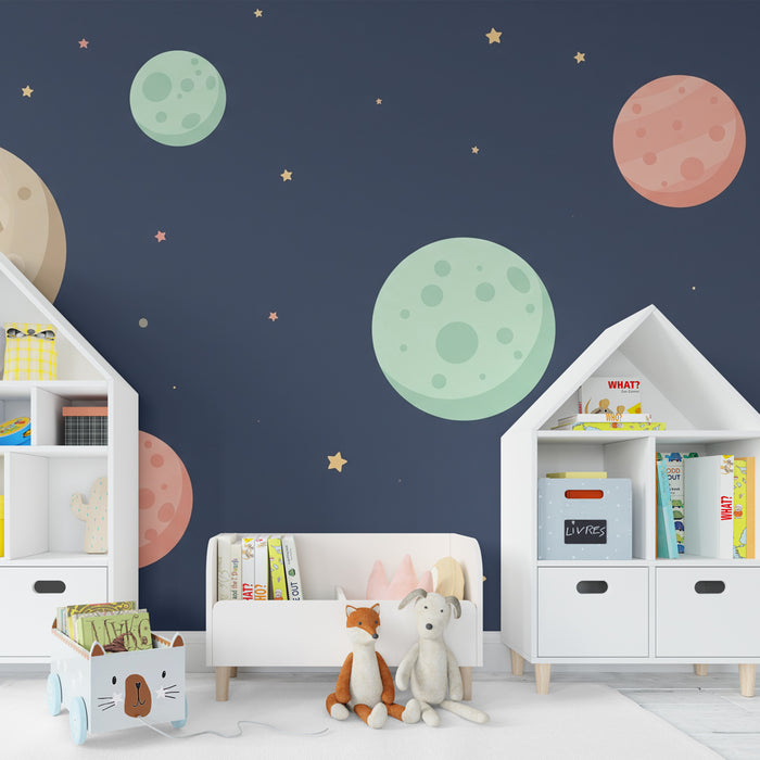 Papel pintado infantil | Universo espacial lleno de planetas coloridos