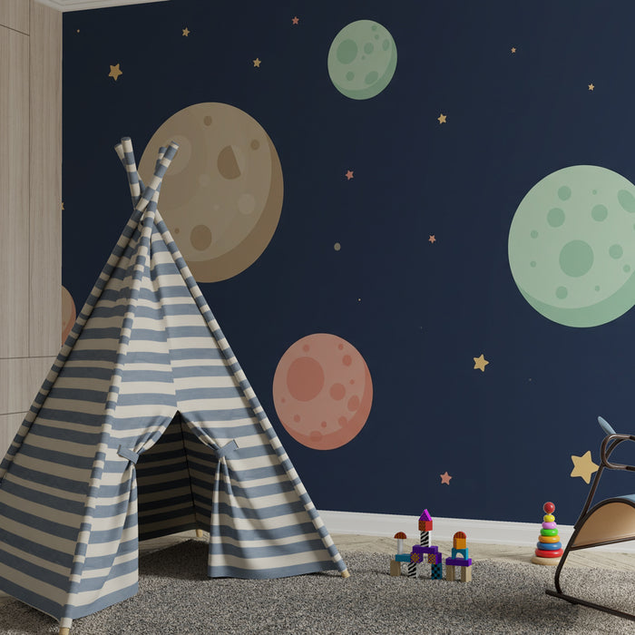 Papel pintado infantil | Universo espacial lleno de planetas coloridos