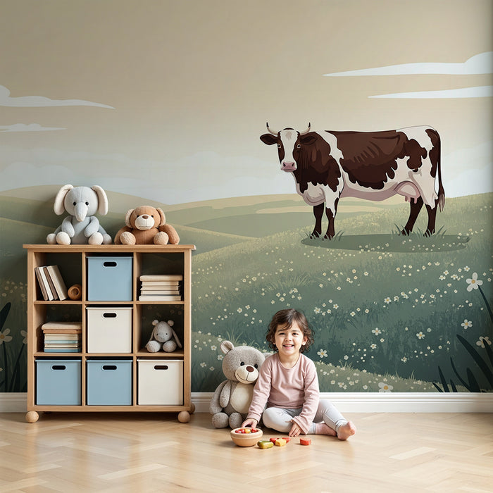 Kinderkamer behang | Rustige koe in een groen landschap
