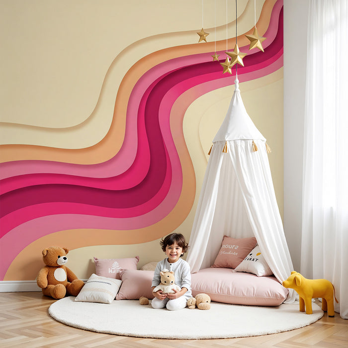 Kinderkamer behang | Gekleurde golven in roze en perzikverloop