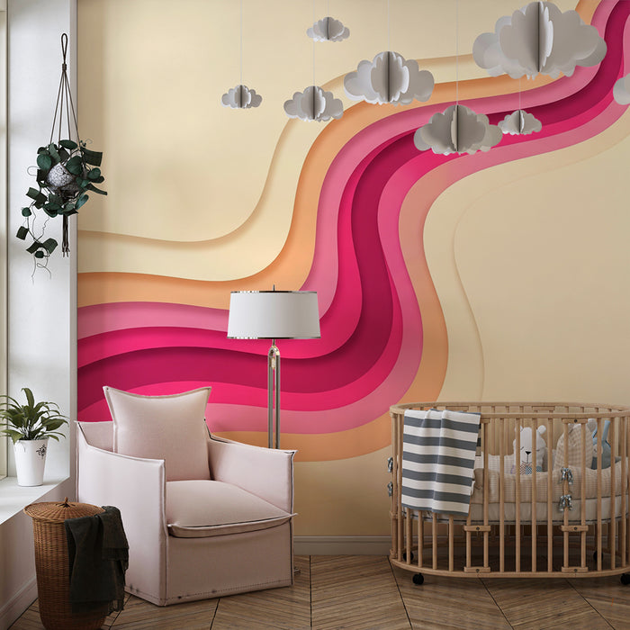Kinderkamer behang | Gekleurde golven in roze en perzikverloop