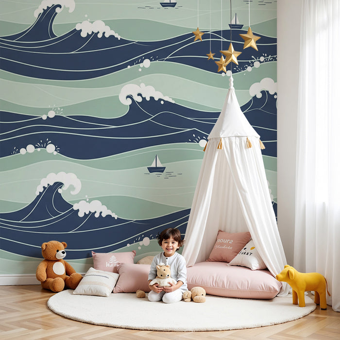 Behang kinderkamer | Dynamische golven en zeilboten op zee