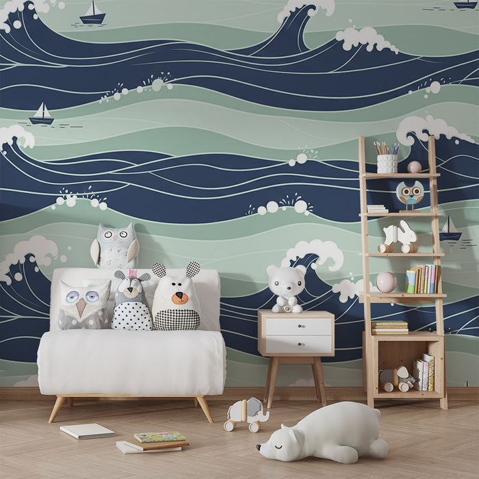 Behang kinderkamer | Dynamische golven en zeilboten op zee