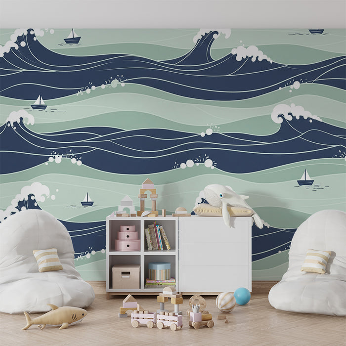 Behang kinderkamer | Dynamische golven en zeilboten op zee