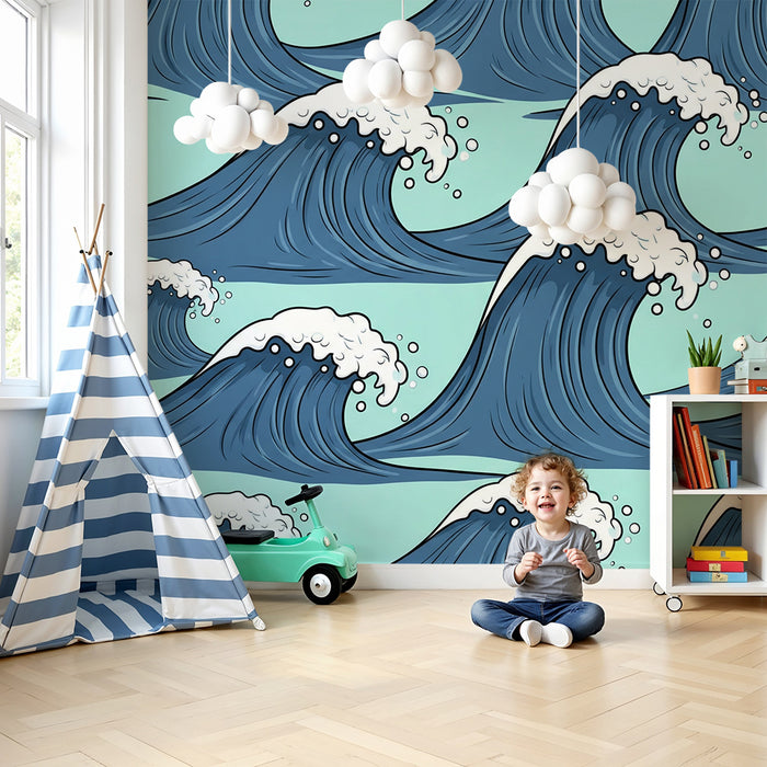 Papel pintado para habitación infantil | Olas dinámicas sobre fondo turquesa