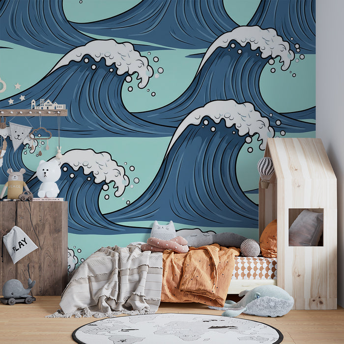Papel pintado para habitación infantil | Olas dinámicas sobre fondo turquesa