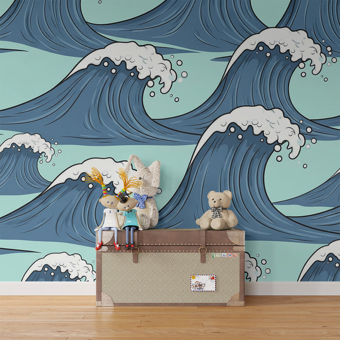 Papel pintado para habitación infantil | Olas dinámicas sobre fondo turquesa