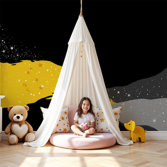 Kids room wallpaper | Gold and grey starry waves on a black background