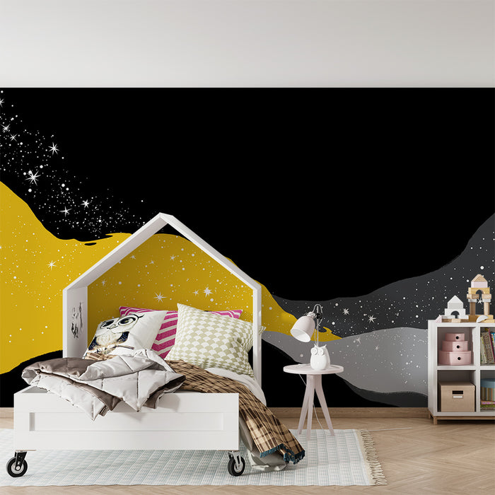 Kids room wallpaper | Gold and grey starry waves on a black background