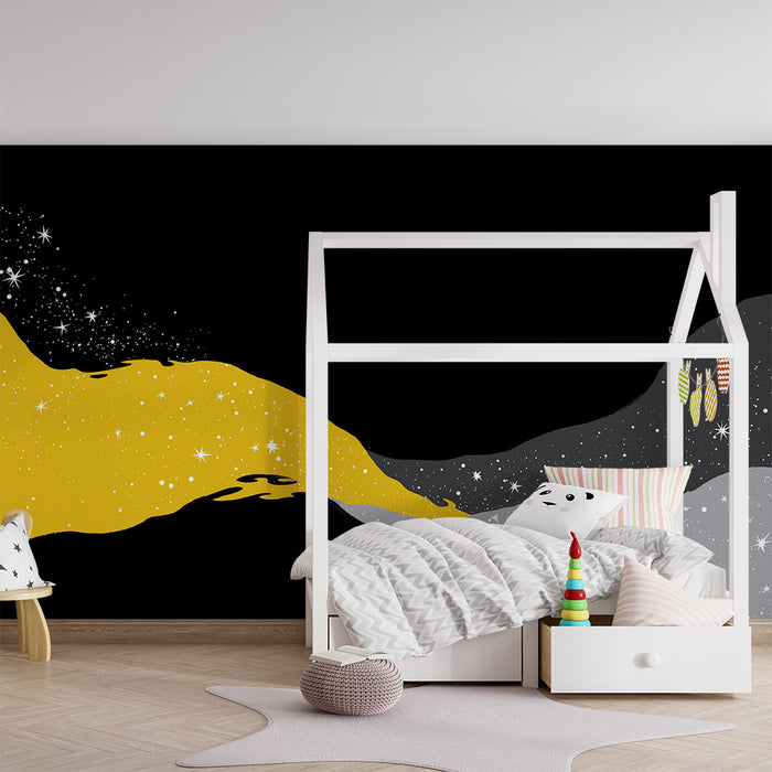 Kids room wallpaper | Gold and grey starry waves on a black background