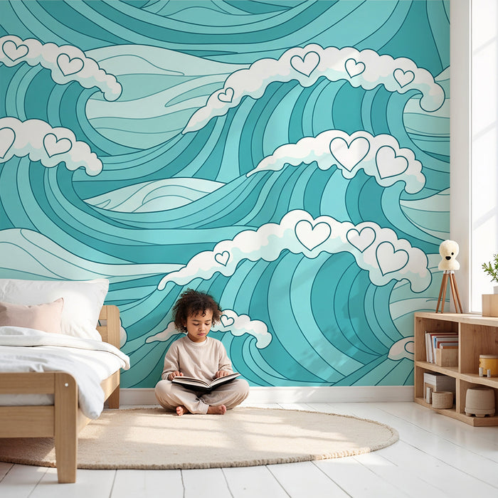 Behang kinderkamer | Gestileerde golven met witte hartjes