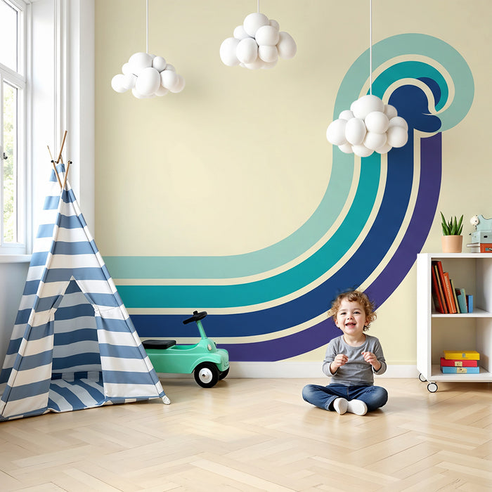 Kids room wallpaper | Stylized waves in blue gradient on cream background