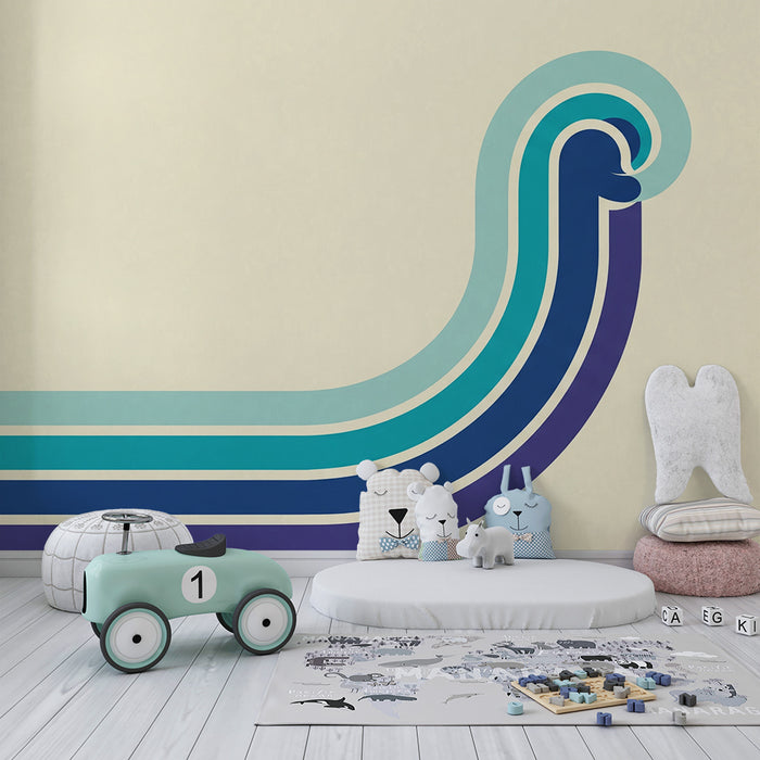 Kids room wallpaper | Stylized waves in blue gradient on cream background