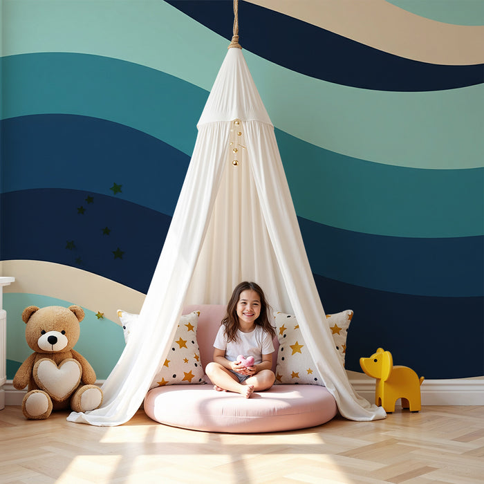 Kids room wallpaper | Stylized waves in blue and beige tones