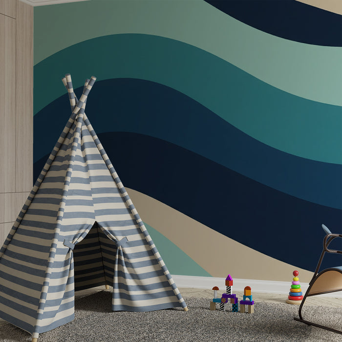 Kids room wallpaper | Stylized waves in blue and beige tones