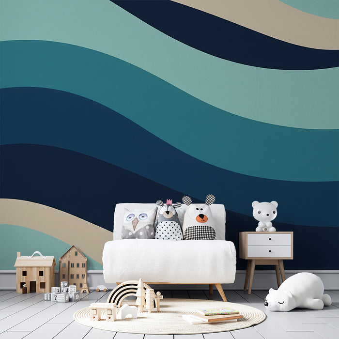 Kids room wallpaper | Stylized waves in blue and beige tones