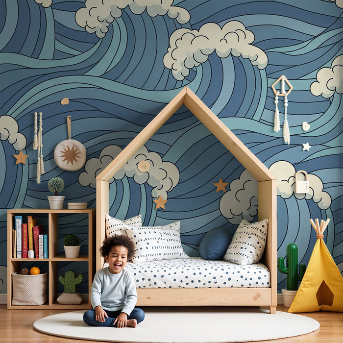 Kids' Room Wallpaper | Stylized Waves and Soft Clouds in Blue