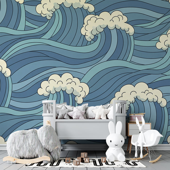Kids' Room Wallpaper | Stylized Waves and Soft Clouds in Blue
