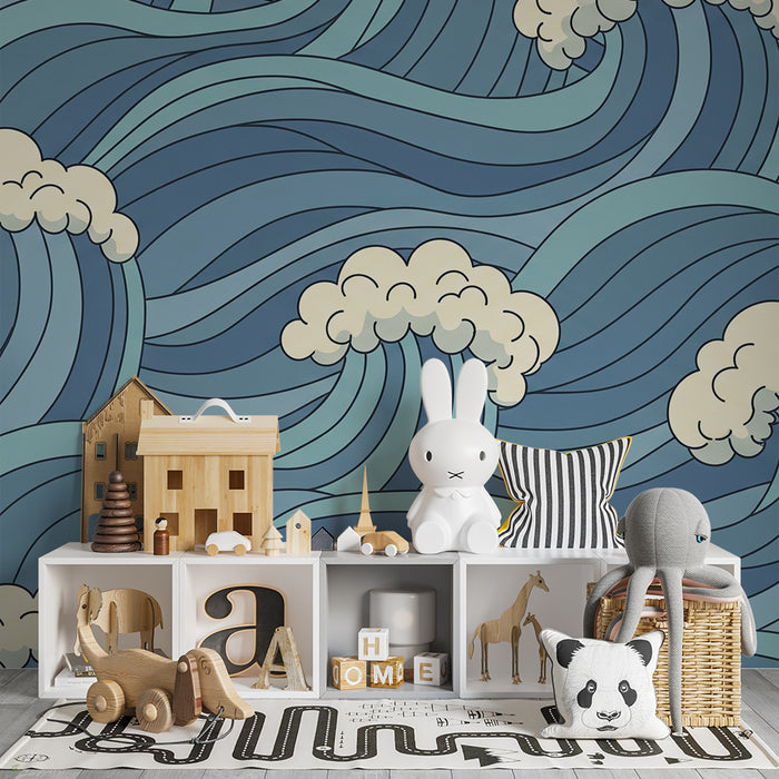 Kids' Room Wallpaper | Stylized Waves and Soft Clouds in Blue