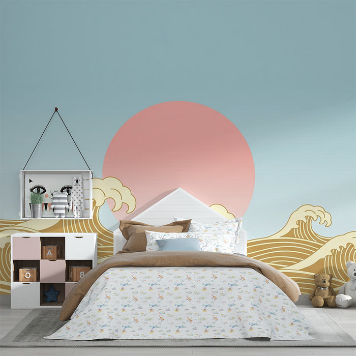 Gyermekszoba tapéta | Stilizált hullámok és lenyugvó nap