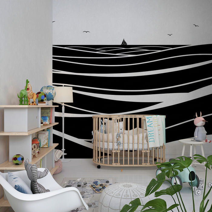 Papel de parede criança | Ondas estilizadas e veleiro em fundo branco