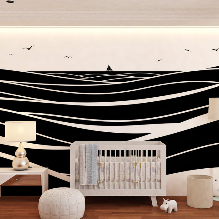 Papel de parede criança | Ondas estilizadas e veleiro em fundo branco