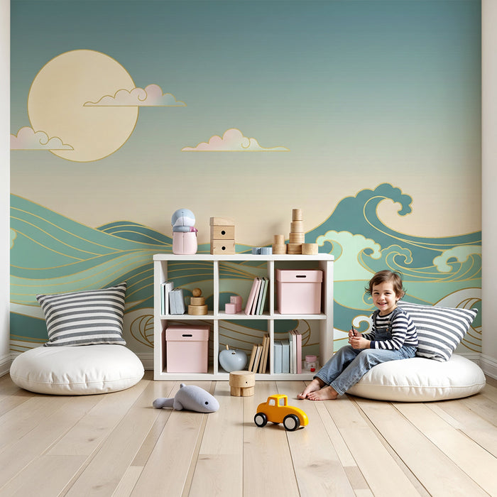 Papel de parede criança | Ondas estilizadas sob um céu pastel