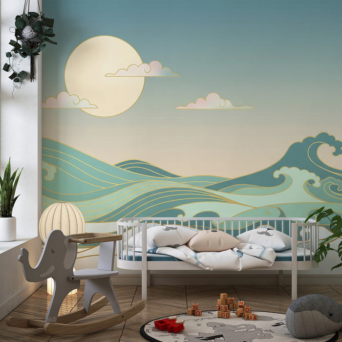 Papel de parede criança | Ondas estilizadas sob um céu pastel
