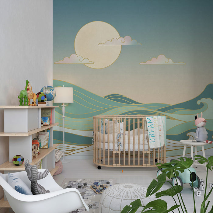 Papel de parede criança | Ondas estilizadas sob um céu pastel