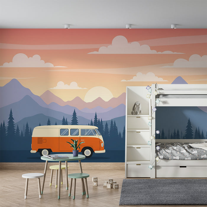 Børnetapet | Vintage-van og bjerglandskaber ved solnedgang