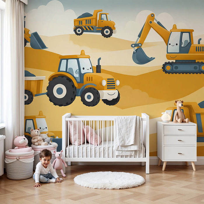 Papier peint chambre enfant | Véhicules de chantier colorés sur un terrain de sable