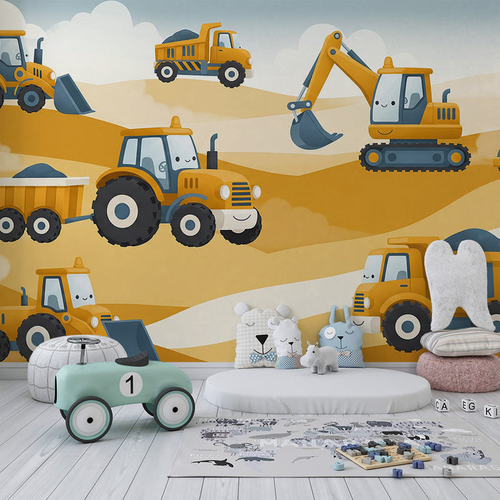 Papier peint chambre enfant | Véhicules de chantier colorés sur un terrain de sable
