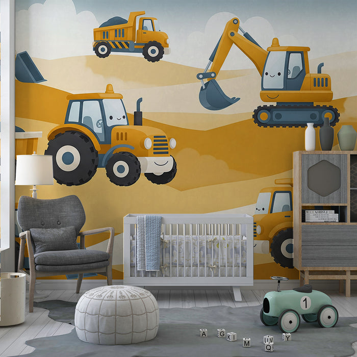 Papier peint chambre enfant | Véhicules de chantier colorés sur un terrain de sable