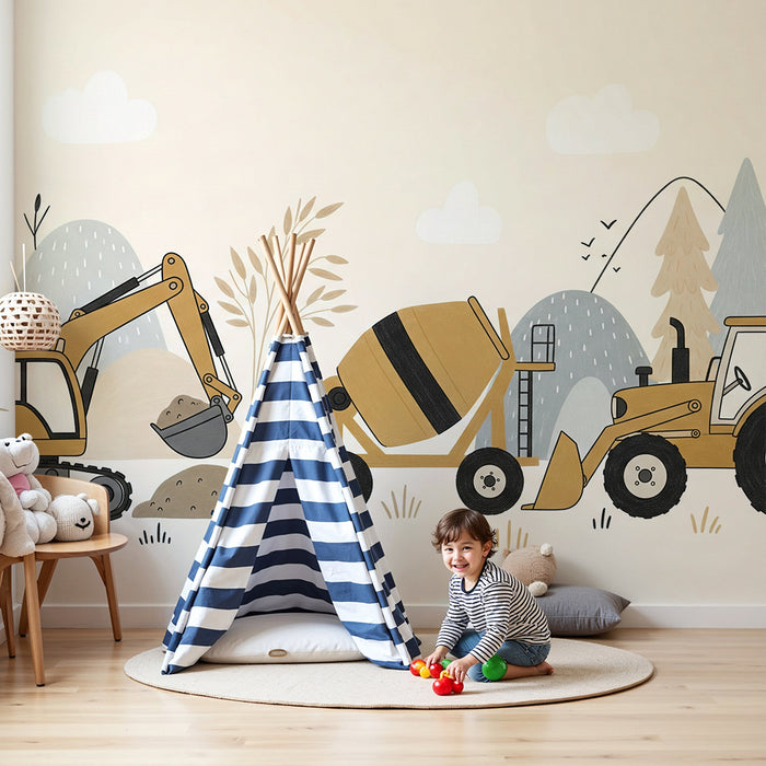 Papier peint chambre enfant | Véhicules de chantier dans un décor naturel