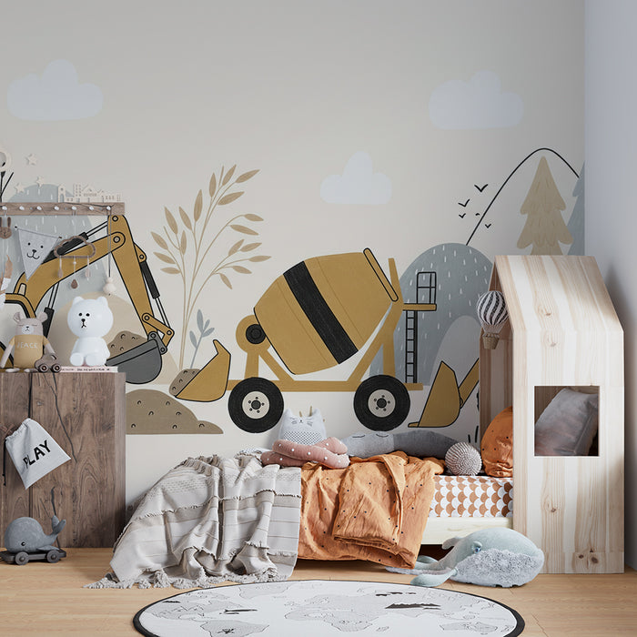 Papier peint chambre enfant | Véhicules de chantier dans un décor naturel